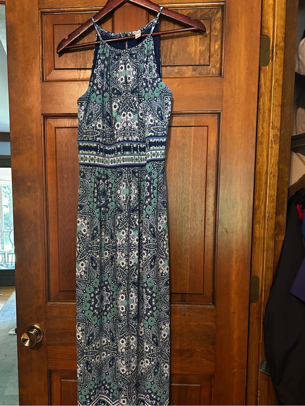 dressbarn Navy and Teal Printed Halter Maxi Dress
